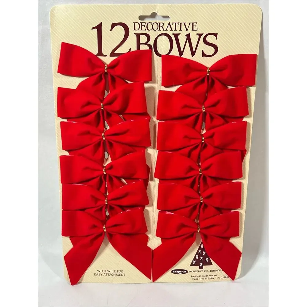 Vintage Lot of 24 Velvet Red Bows Christmas Valentine’s Berwick Gold Wire Ties